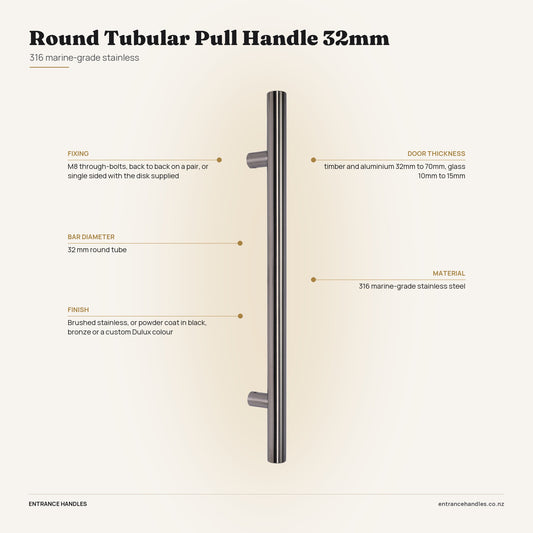 Round Tubular Pull Handle 32mm - Stainless, specification diagram with the measurements printed on the product's own page