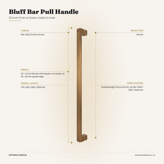 Bluff Bar Pull Handle - Bronze, specification diagram with the measurements printed on the product's own page