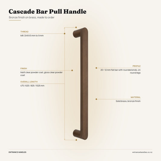 Cascade Bar Pull Handle - Bronze, specification diagram with the measurements printed on the product's own page