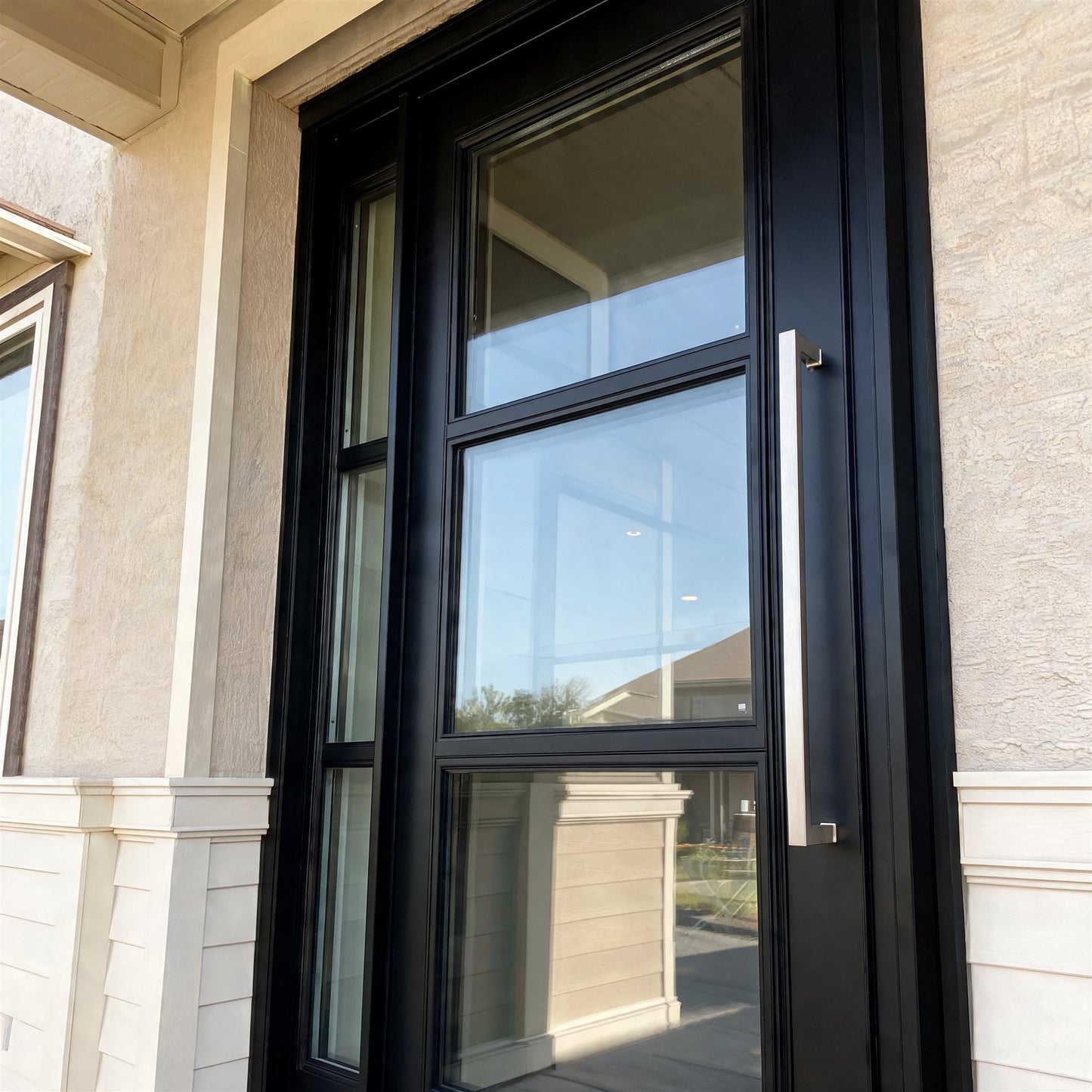 Square Offset Pull Handle 25mm on black aluminium glass entrance door