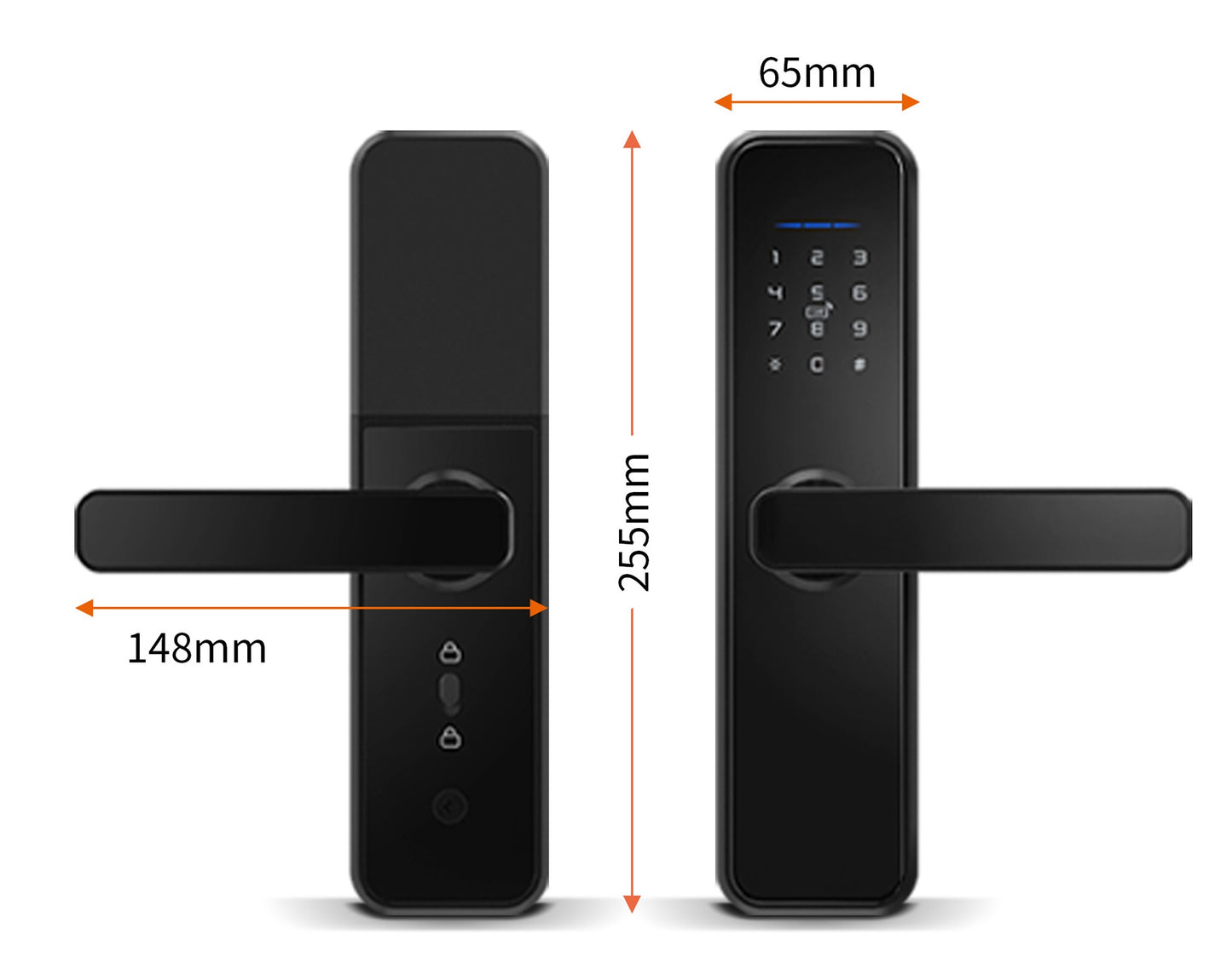 KS250 Smart Lock dimensions: 255mm tall x 65mm wide x 148mm handle reach