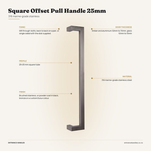 Square Offset Pull Handle 25mm - Stainless, specification diagram with the measurements printed on the product's own page
