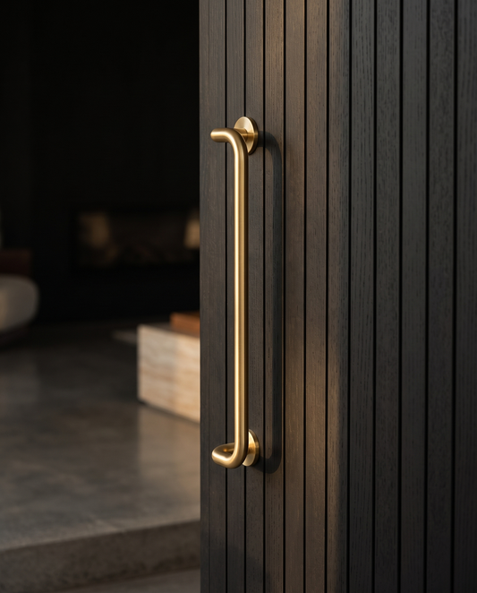 Round Offset Pull Handle 19mm — Brass (Pair) installed on an entrance door
