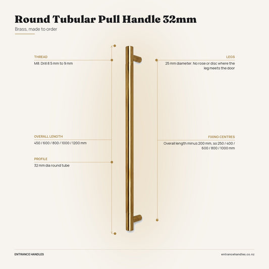 Round Tubular Pull Handle 32mm - Brass, specification diagram with the measurements printed on the product's own page
