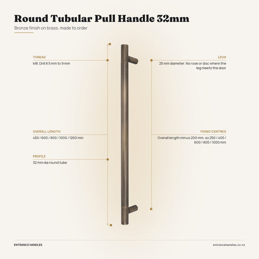 Round Tubular Pull Handle 32mm - Bronze, specification diagram with the measurements printed on the product's own page