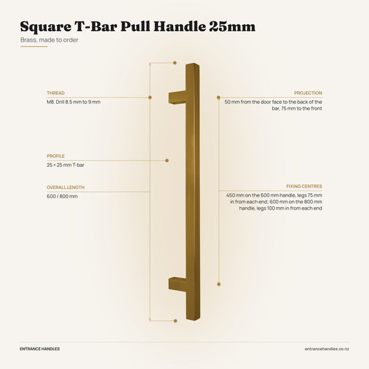 Square T-Bar Pull Handle 25mm - Brass, specification diagram with the measurements printed on the product's own page