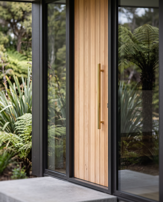 Square T-Bar Pull Handle 25mm — Brass (Pair) installed on an entrance door