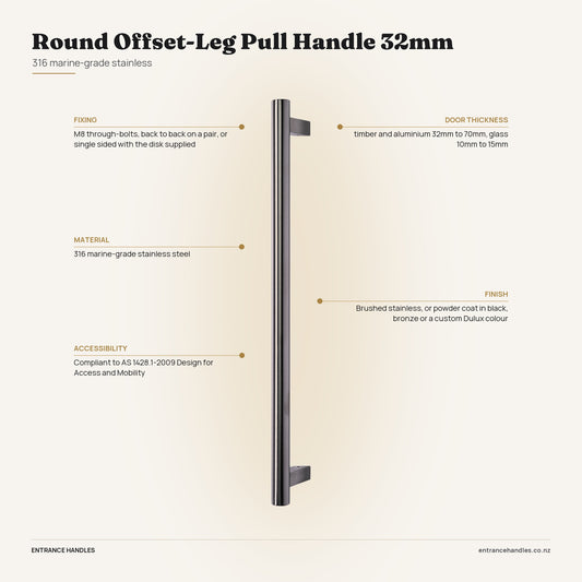 Round Offset-Leg Pull Handle 32mm - Stainless, specification diagram with the measurements printed on the product's own page