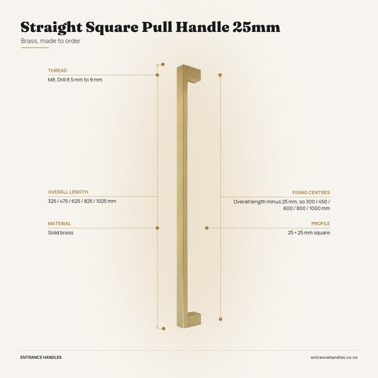 Straight Square Pull Handle 25mm - Brass, specification diagram with the measurements printed on the product's own page