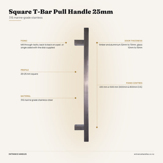 Square T-Bar Pull Handle 25mm - Stainless, specification diagram with the measurements printed on the product's own page