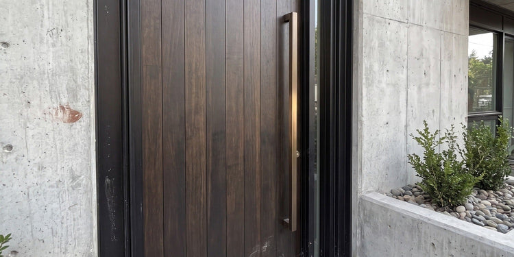Bluff Bar pull handle in bronze on a dark timber pivot door beside board-formed concrete