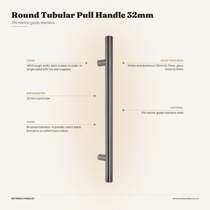Round Tubular Pull Handle 32mm - Stainless, specification diagram with the measurements printed on the product's own page