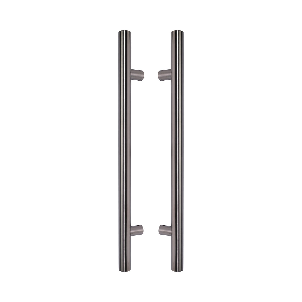 Round Tubular Pull Handle 32mm in 316 marine-grade stainless, a pair shown back to back with the standoffs facing inward