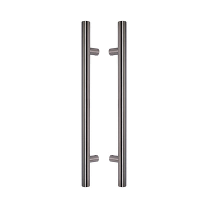 Round Tubular Pull Handle 32mm in 316 marine-grade stainless, a pair shown back to back with the standoffs facing inward