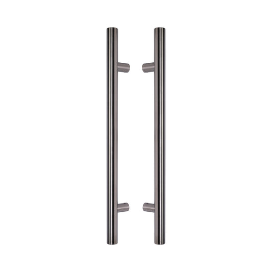 Round Tubular Pull Handle 32mm in 316 marine-grade stainless, a pair shown back to back with the standoffs facing inward