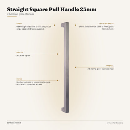 Straight Square Pull Handle 25mm - Stainless, specification diagram with the measurements printed on the product's own page
