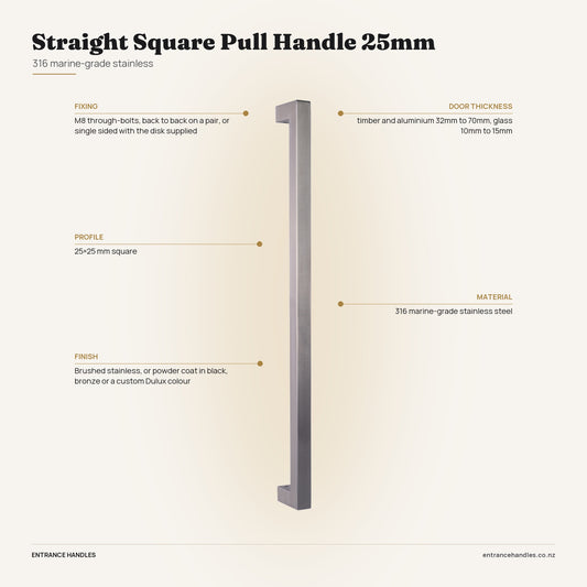 Straight Square Pull Handle 25mm - Stainless, specification diagram with the measurements printed on the product's own page