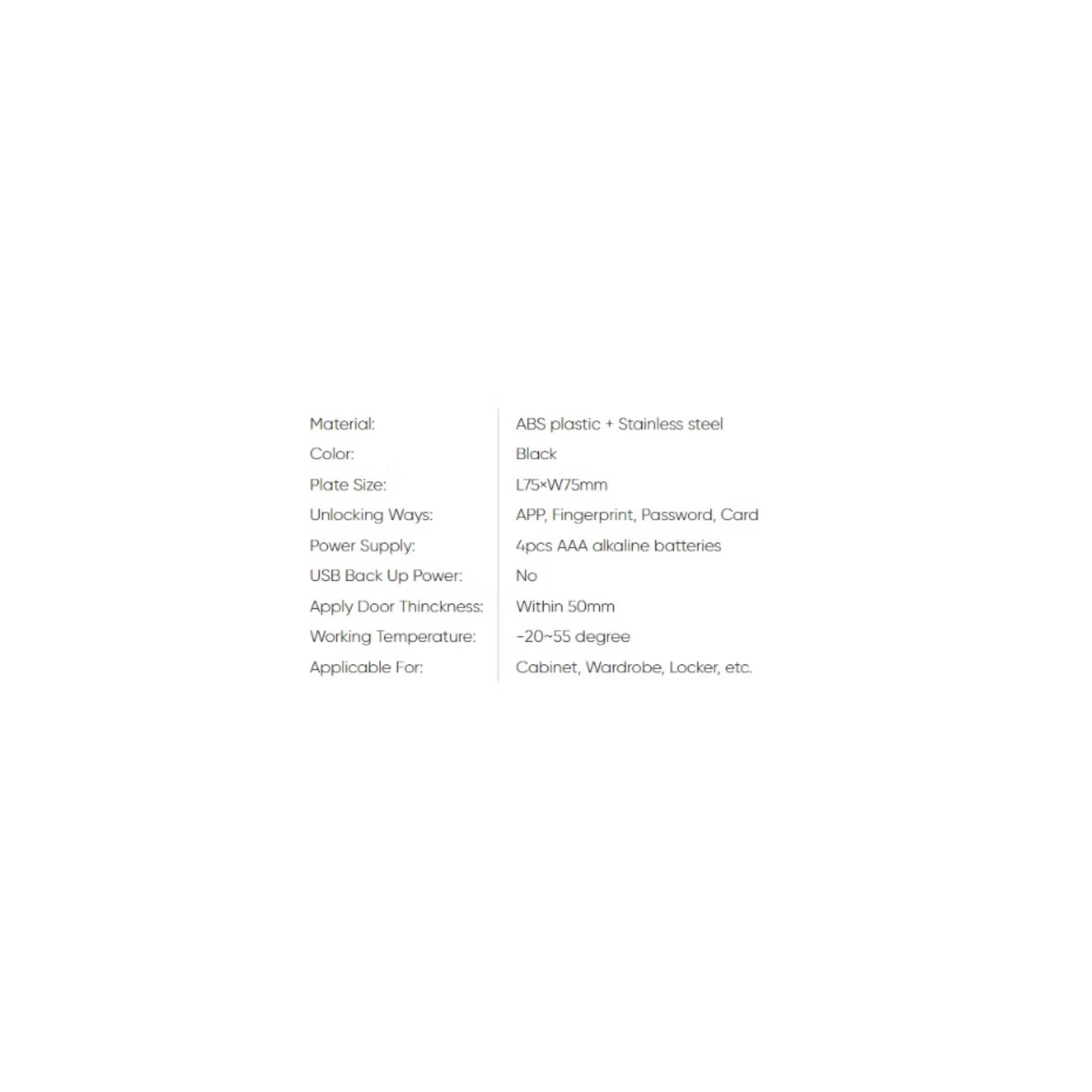 Smart Cupboard Lock - full specification table
