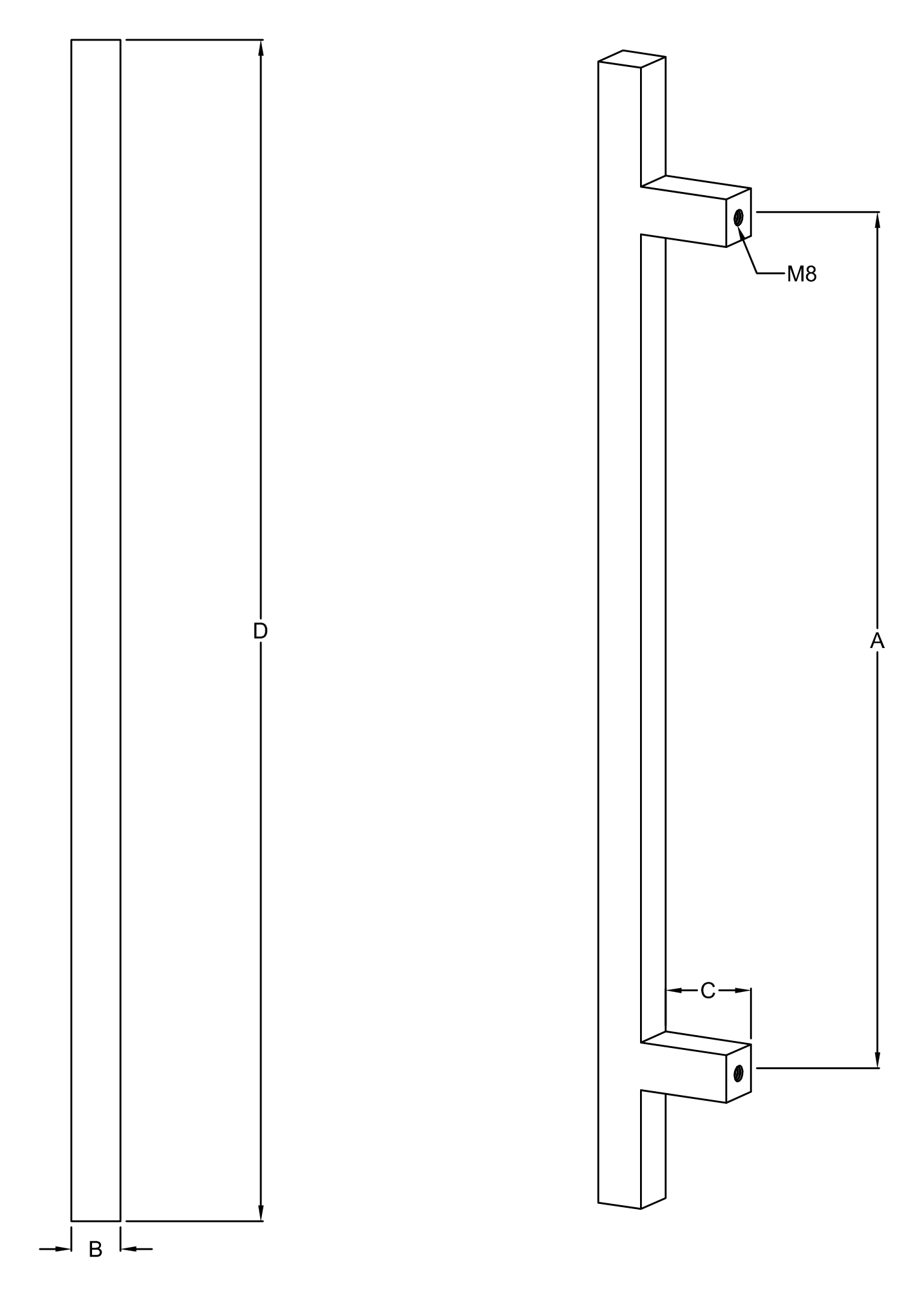 Square T-Bar Pull Handle dimensions diagram