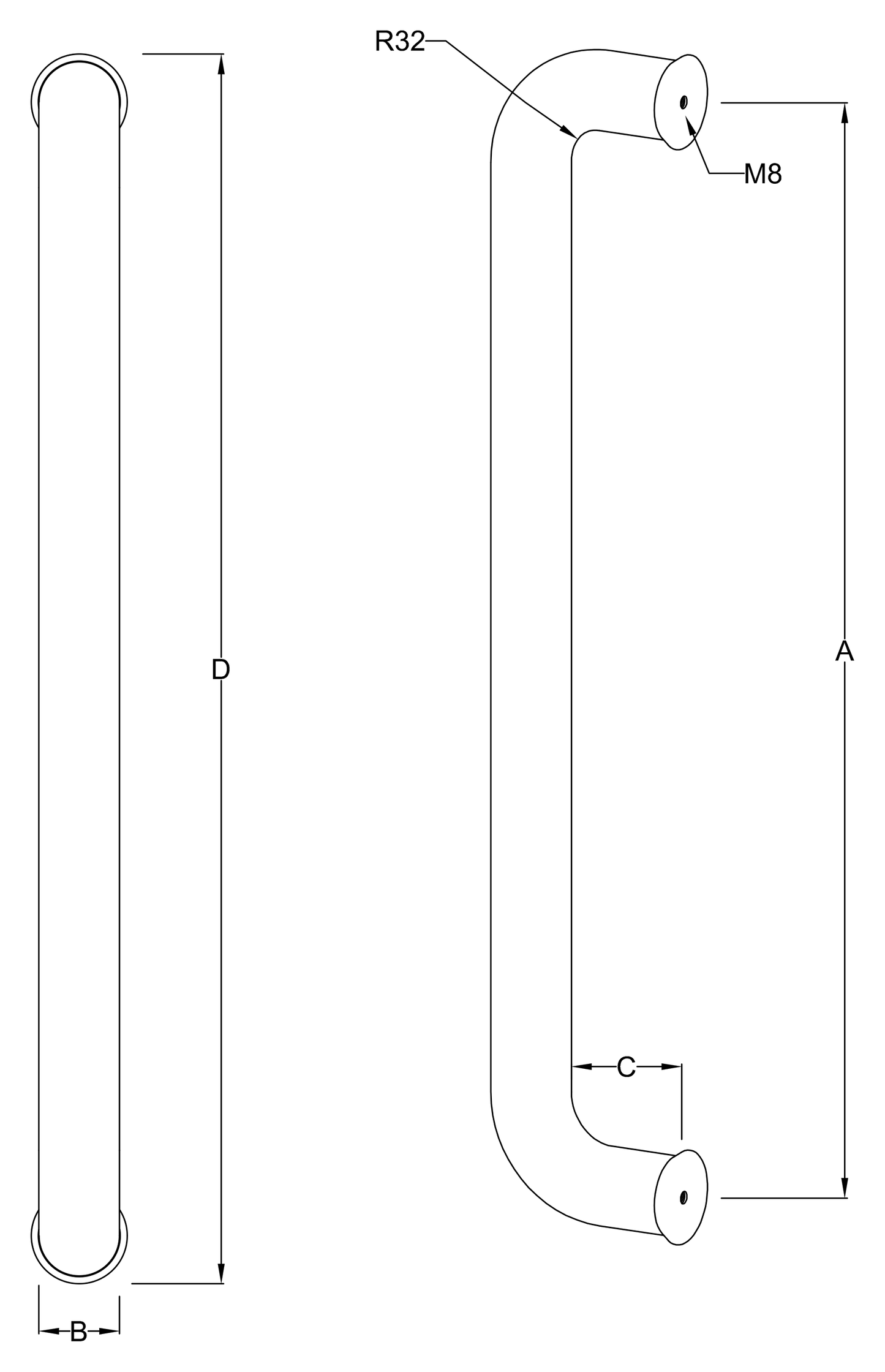 Straight D-Pull Handle dimensions diagram