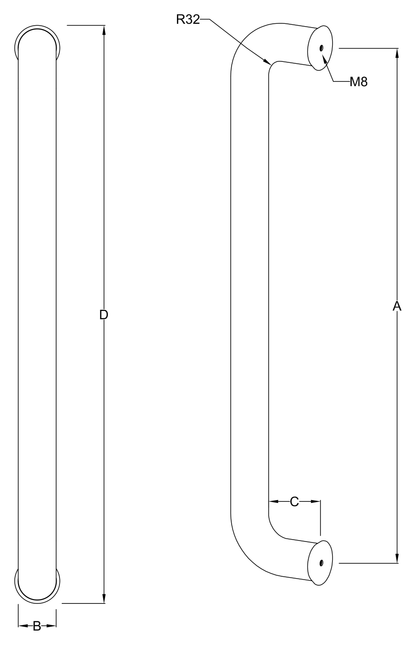 Straight D-Pull Handle dimensions diagram