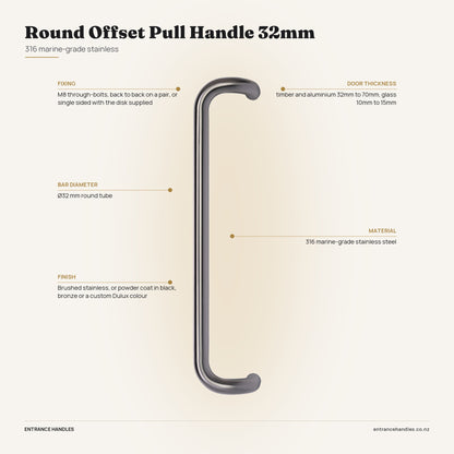 Round Offset Pull Handle 32mm - Stainless, specification diagram with the measurements printed on the product's own page