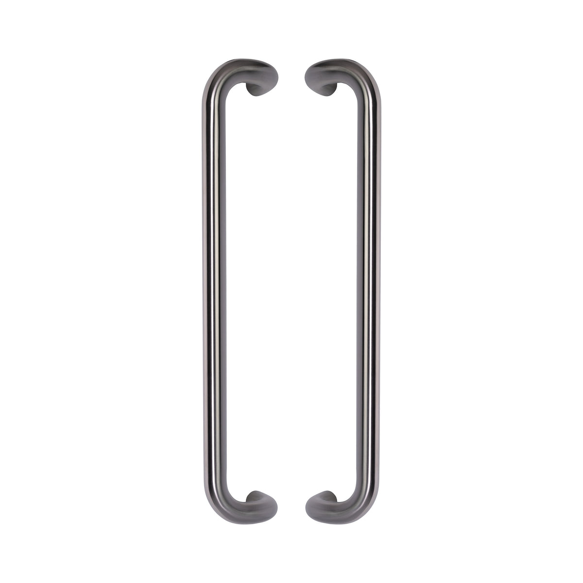 Round Offset Pull Handle 32mm in 316 marine-grade stainless, a pair shown back to back with the offset legs facing inward