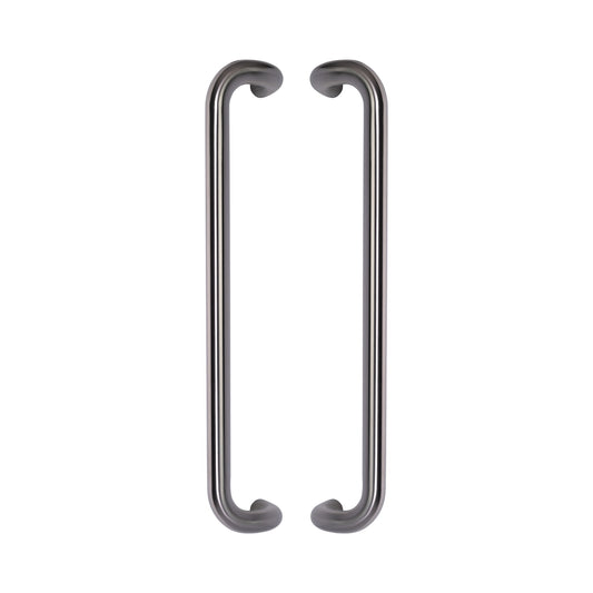 Round Offset Pull Handle 32mm in 316 marine-grade stainless, a pair shown back to back with the offset legs facing inward