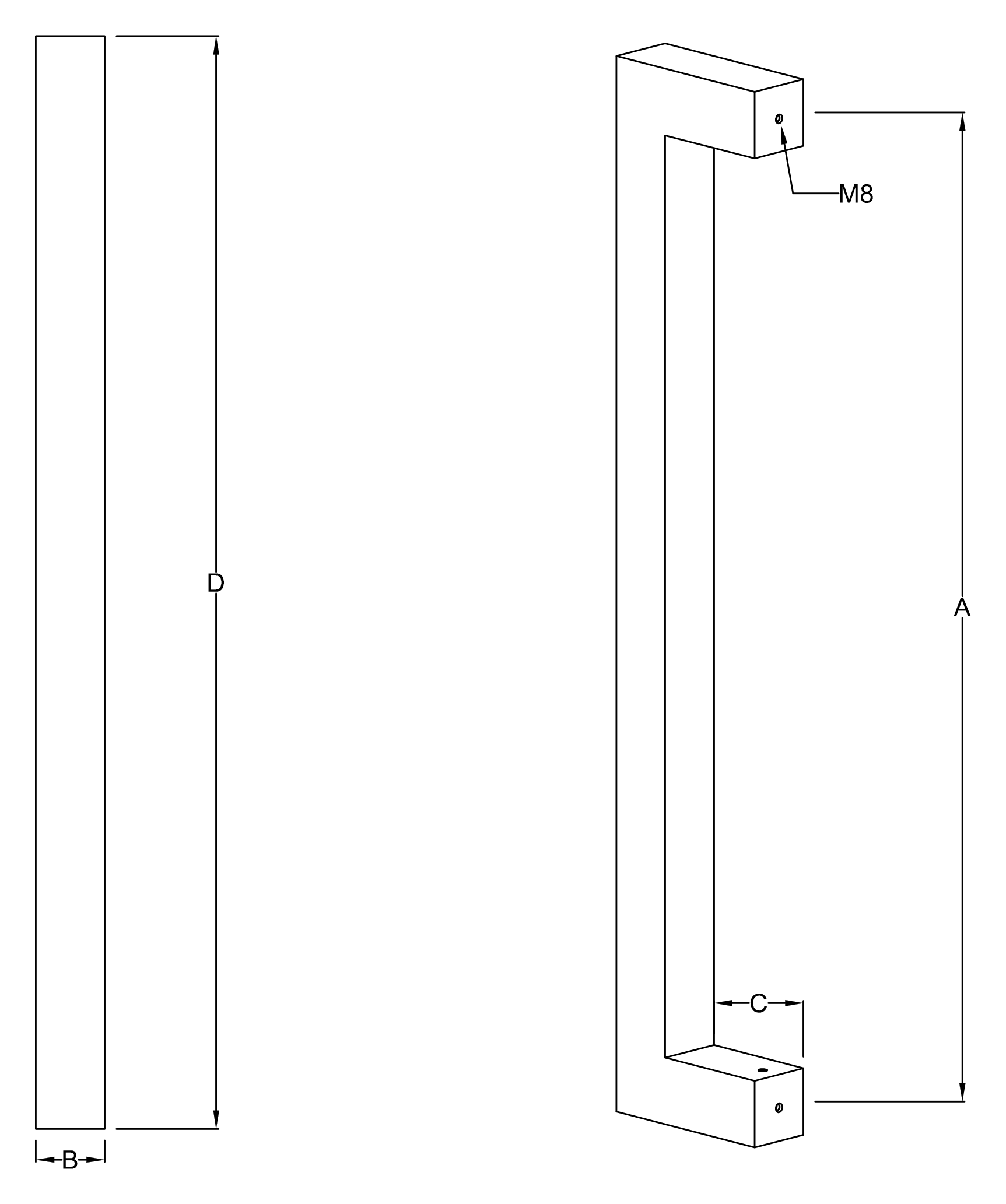 Straight Square Pull Handle dimensions diagram