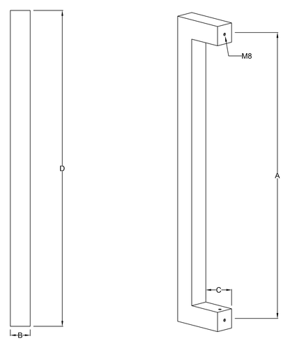Straight Square Pull Handle dimensions diagram