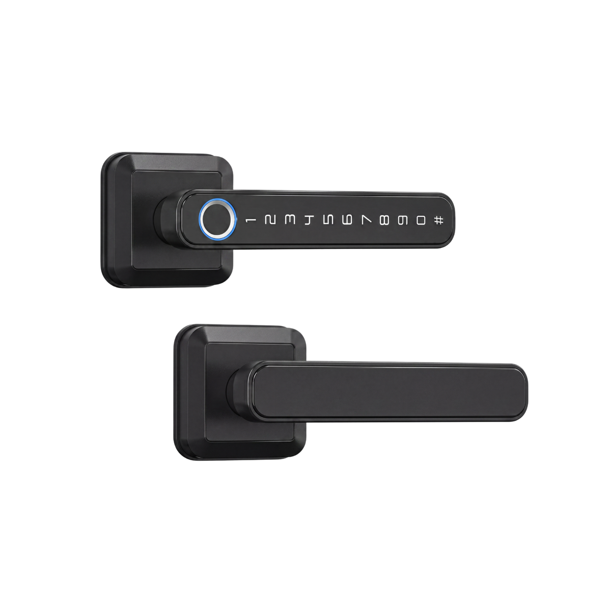 KSL smart lever lock in black, keypad and fingerprint reader on the lever