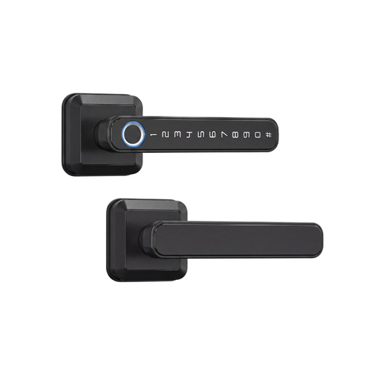 KSL smart lever lock in black, keypad and fingerprint reader on the lever