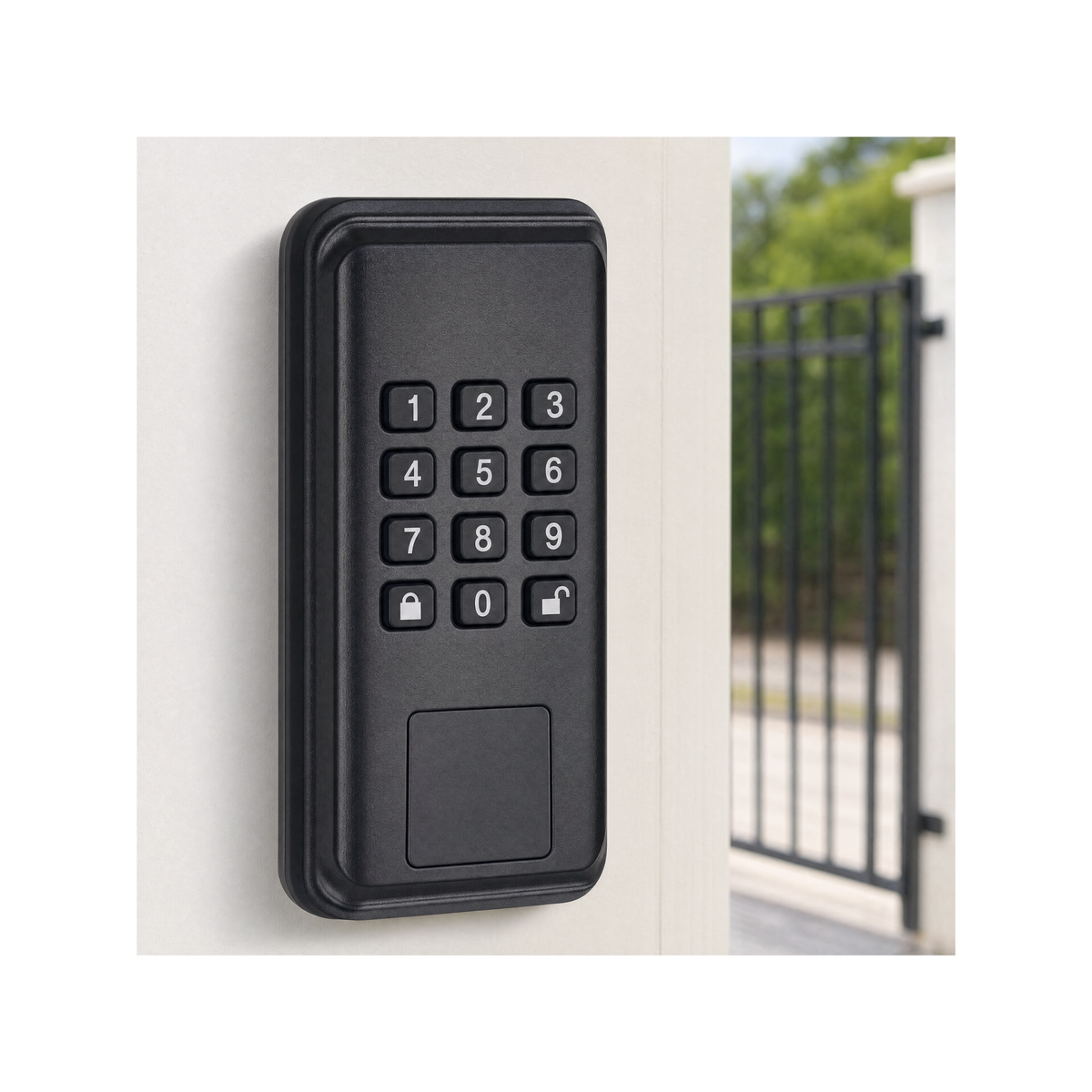 Access control keypad mounted beside a gate