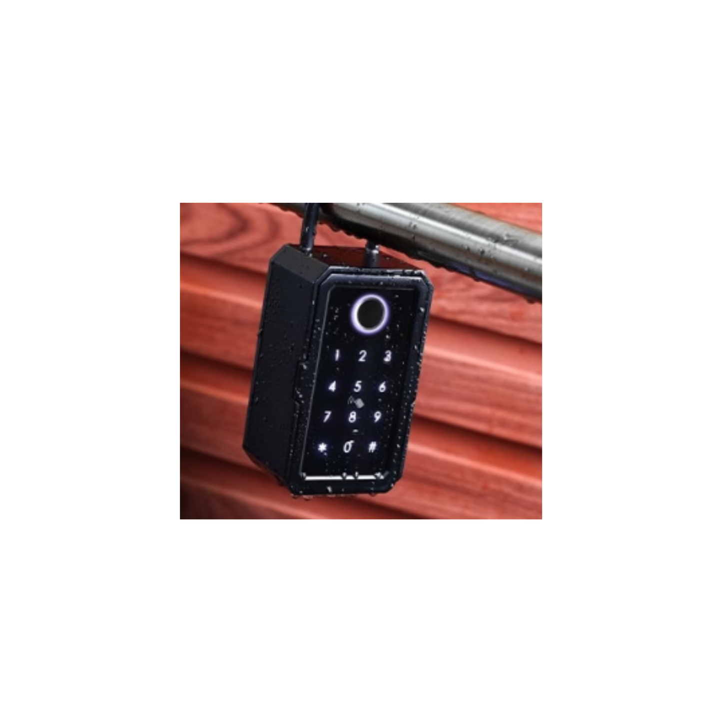 Smart Key Safe waterproof in rain - hanging from rail