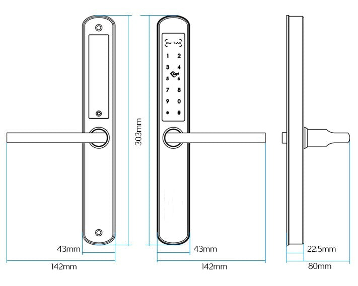 KS300 Smart Lock dimension drawing with lever fitted: 303 mm by 43 mm panel, 142 mm overall width, 22.5 mm panel depth