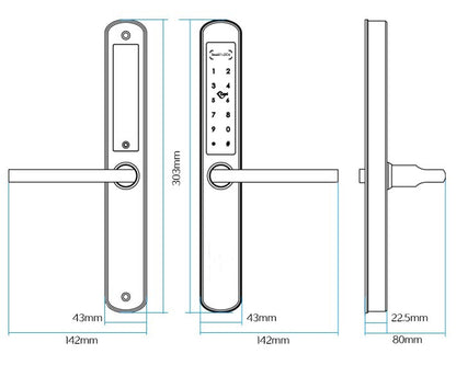 KS300 Smart Lock dimension drawing with lever fitted: 303 mm by 43 mm panel, 142 mm overall width, 22.5 mm panel depth