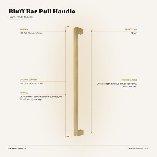 Bluff Bar Pull Handle - Brass, specification diagram with the measurements printed on the product's own page