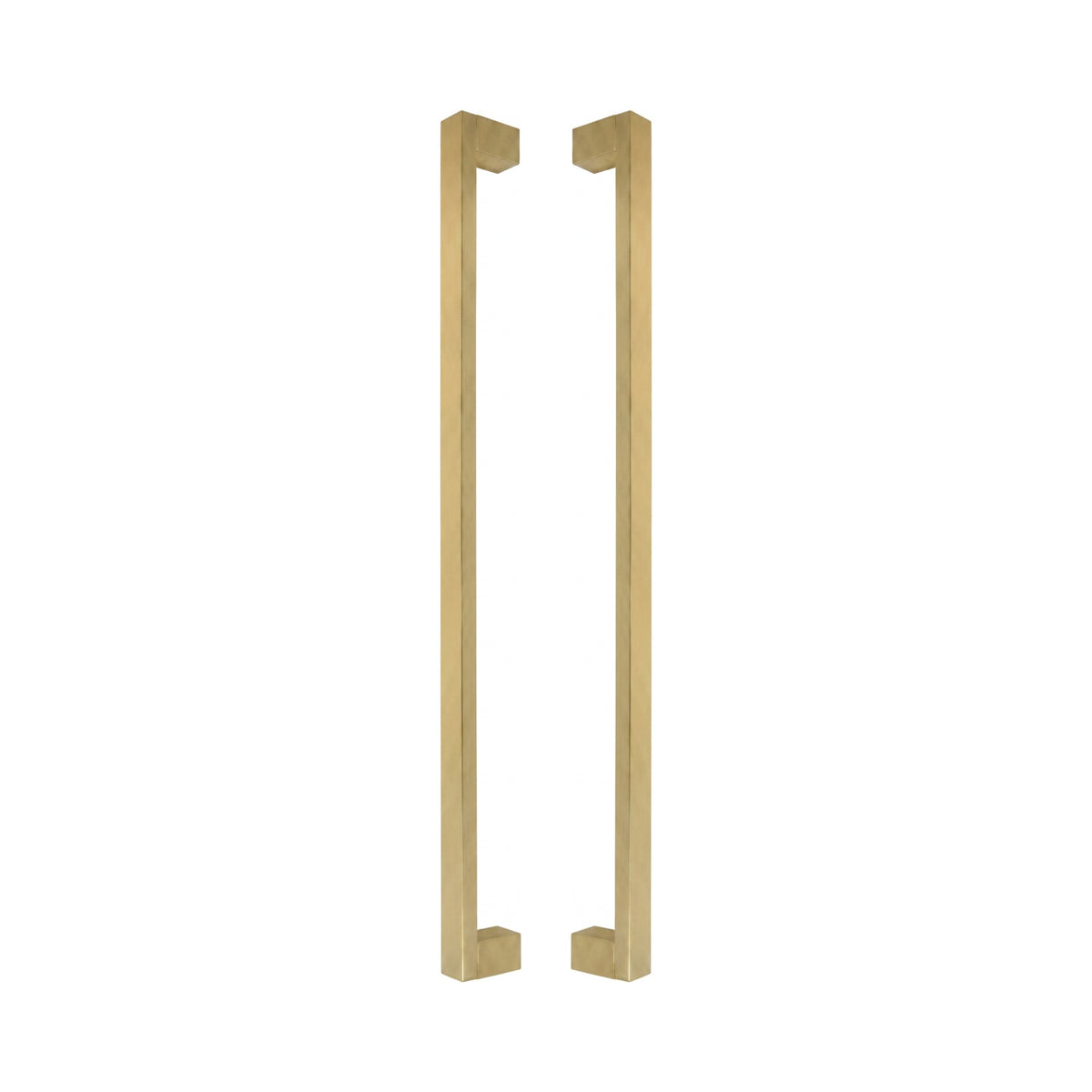 Bluff Bar pull handles in solid brass, a pair shown back to back with the square legs facing inward