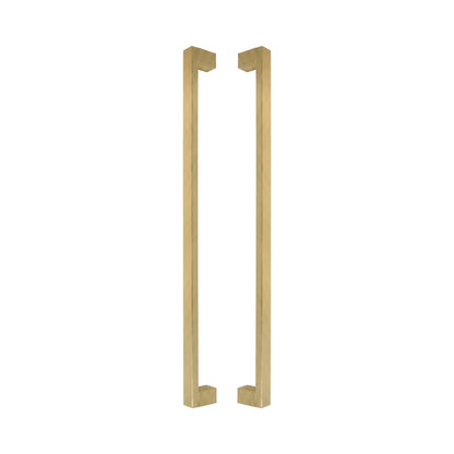 Bluff Bar pull handles in solid brass, a pair shown back to back with the square legs facing inward