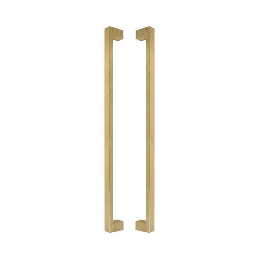 Bluff Bar pull handles in solid brass, a pair shown back to back with the square legs facing inward