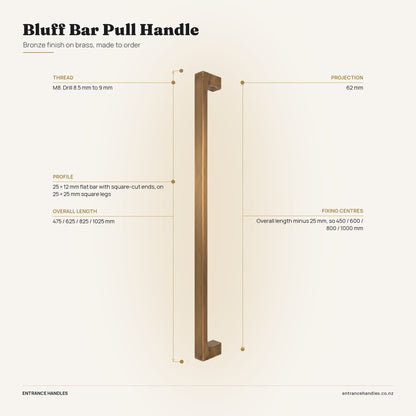 Bluff Bar Pull Handle - Bronze, specification diagram with the measurements printed on the product's own page