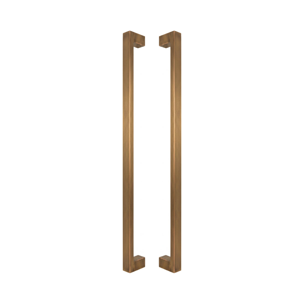 Bluff Bar pull handles in bronze-finished solid brass, a pair shown back to back with the square legs facing inward