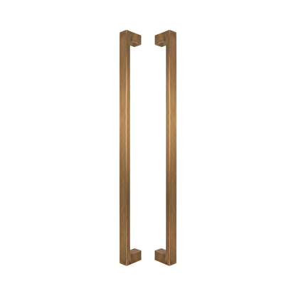 Bluff Bar pull handles in bronze-finished solid brass, a pair shown back to back with the square legs facing inward