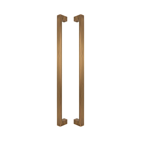 Bluff Bar pull handles in bronze-finished solid brass, a pair shown back to back with the square legs facing inward