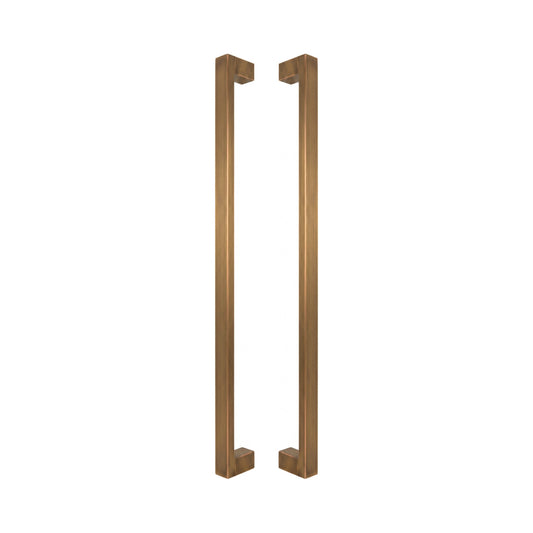 Bluff Bar pull handles in bronze-finished solid brass, a pair shown back to back with the square legs facing inward