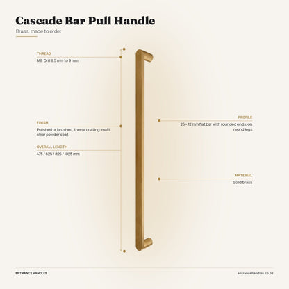 Cascade Bar Pull Handle - Brass, specification diagram with the measurements printed on the product's own page