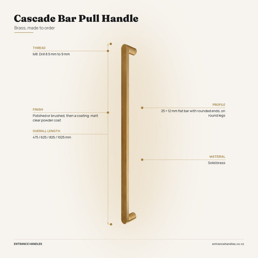 Cascade Bar Pull Handle - Brass, specification diagram with the measurements printed on the product's own page