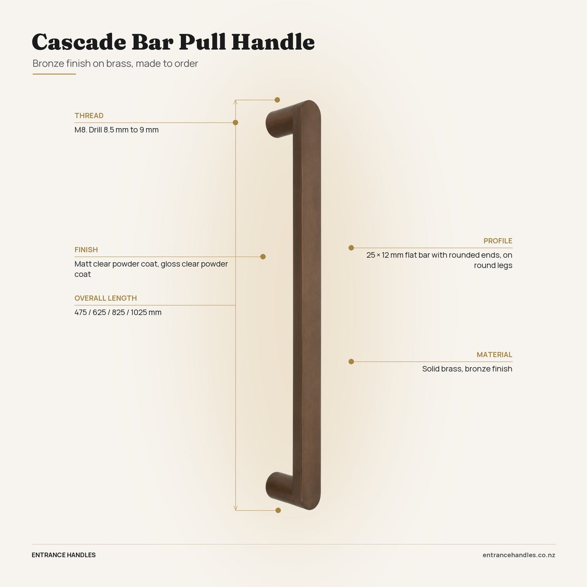 Cascade Bar Pull Handle - Bronze, specification diagram with the measurements printed on the product's own page