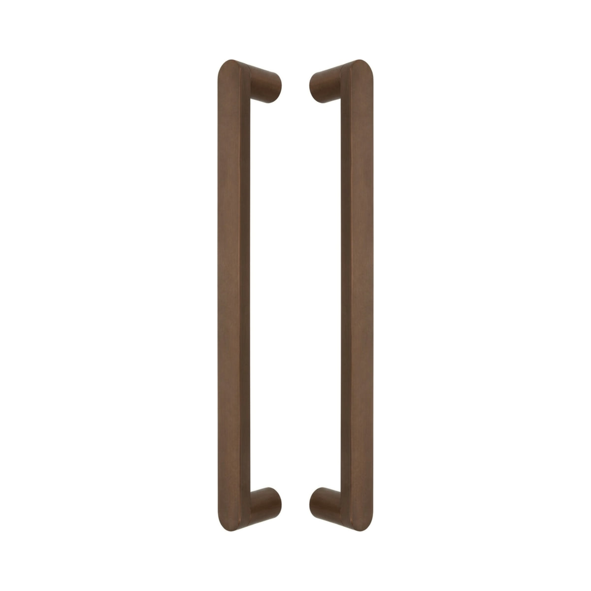Cascade Bar pull handles in bronze-finished solid brass, a pair shown back to back with the round legs facing inward