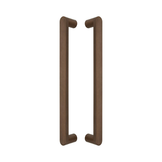 Cascade Bar pull handles in bronze-finished solid brass, a pair shown back to back with the round legs facing inward